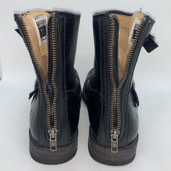 Frye Leather Ankle Moto Boots Black 8 Bikercore Strappy Buckle Zip Up - Picture 12 of 16